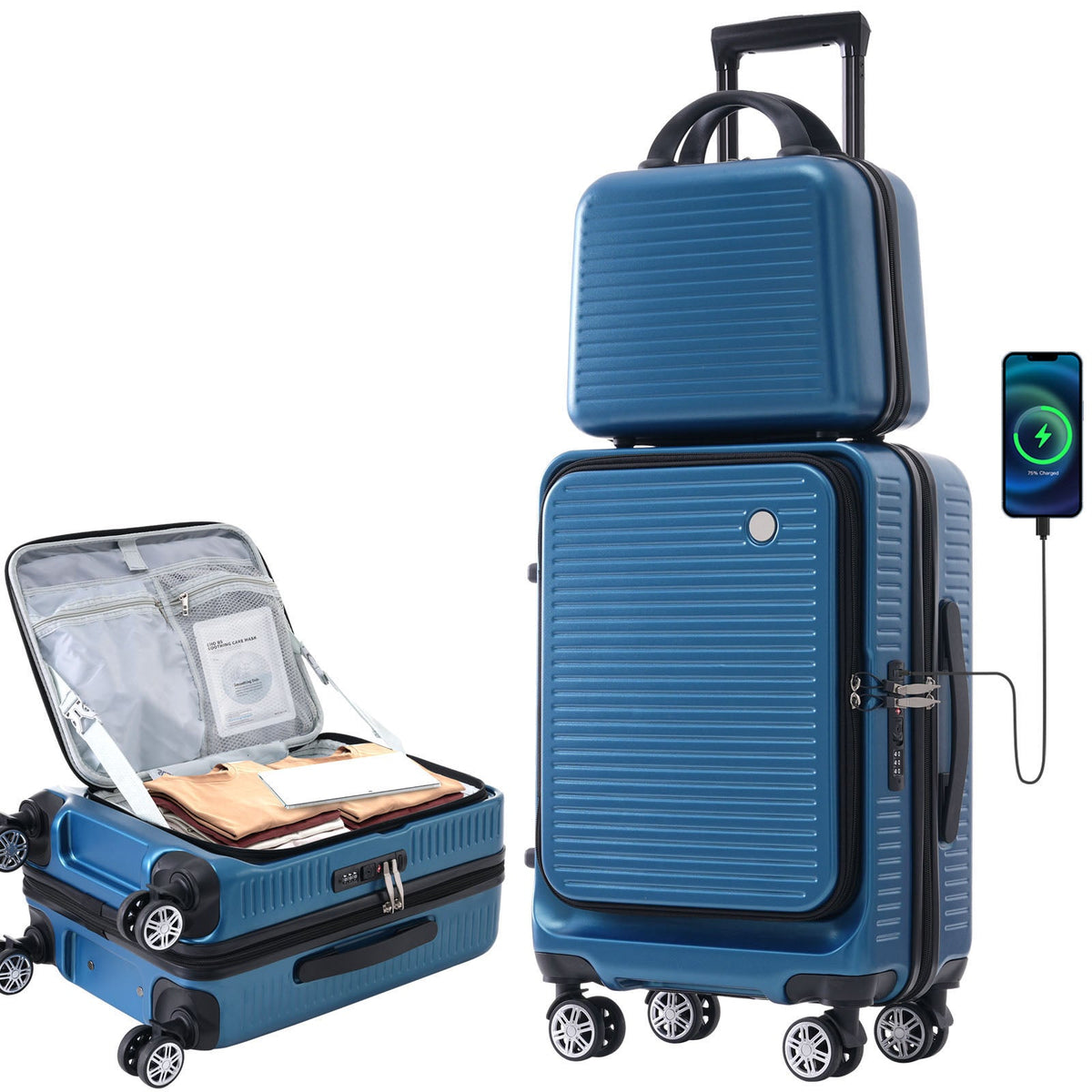 Carry-on Luggage 20 Inch Front Open Luggage Lightweight Suitcase with Front Pocket and USB Port, 1 Portable Carrying Case