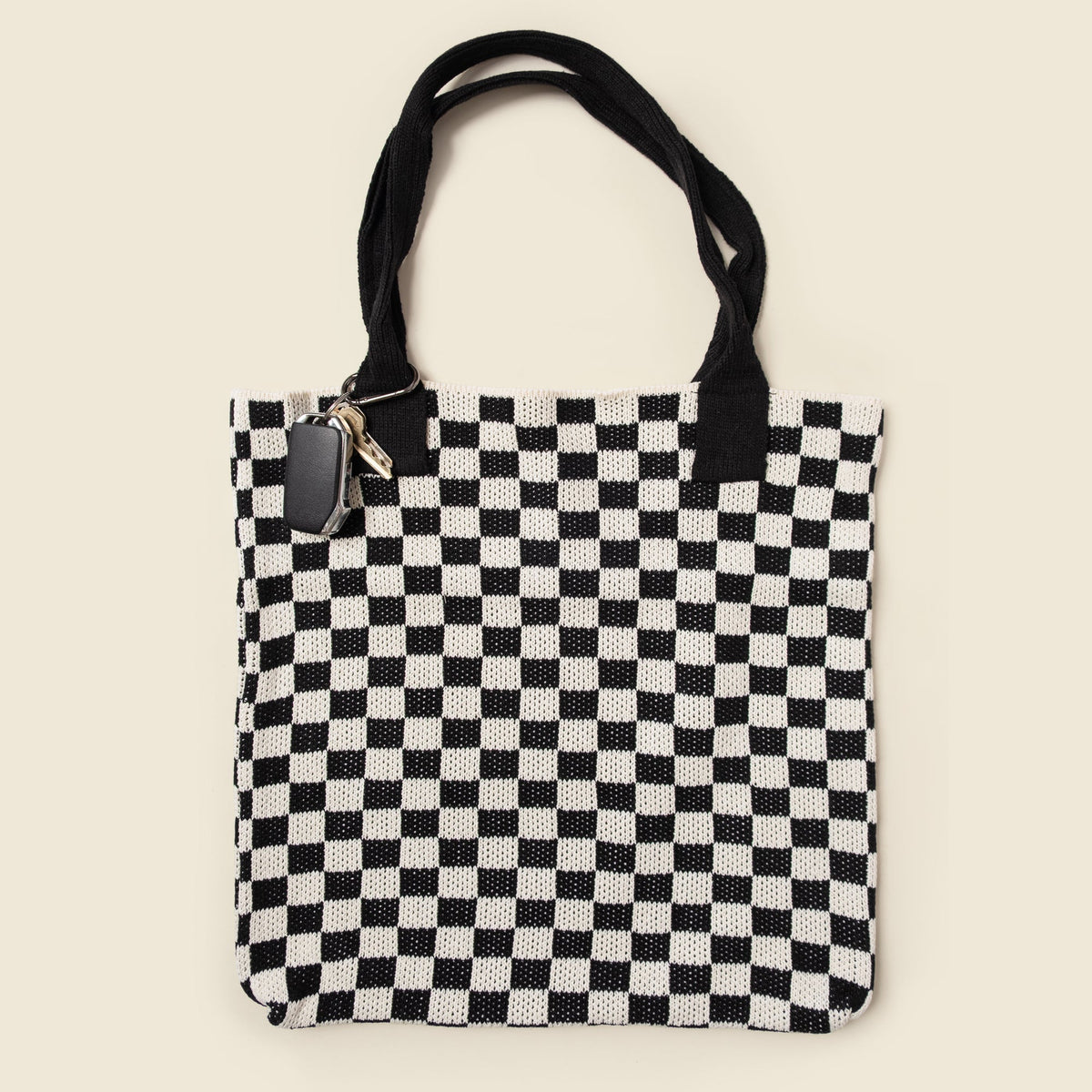 Black Checkered Tote Bag - Washable Cotton Knit with Key Ring