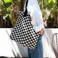 Black Checkered Tote Bag - Washable Cotton Knit with Key Ring