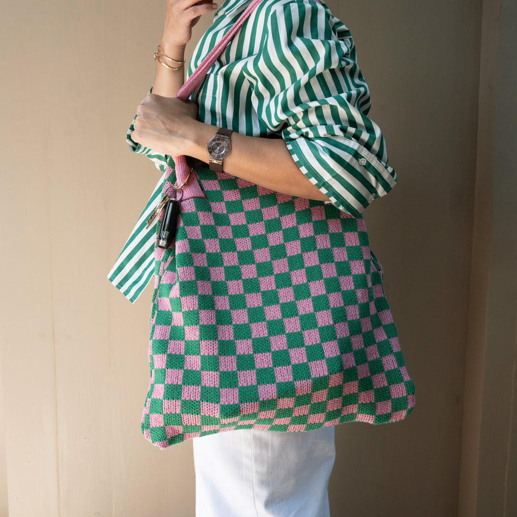 Pink and Green Checkered Tote Bag - Washable Cotton Knit with Key Ring