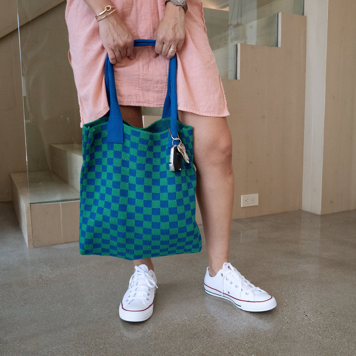 Blue and Green Checkered Tote Bag - Washable Cotton Knit with Key Ring