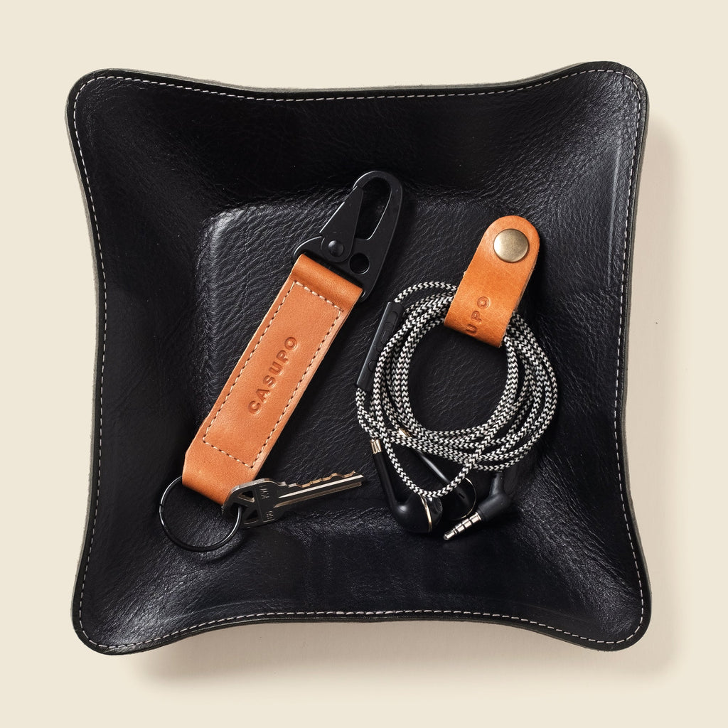 CASUPO Black Leather Travel Valet Tray, Full Grain, Personalizable