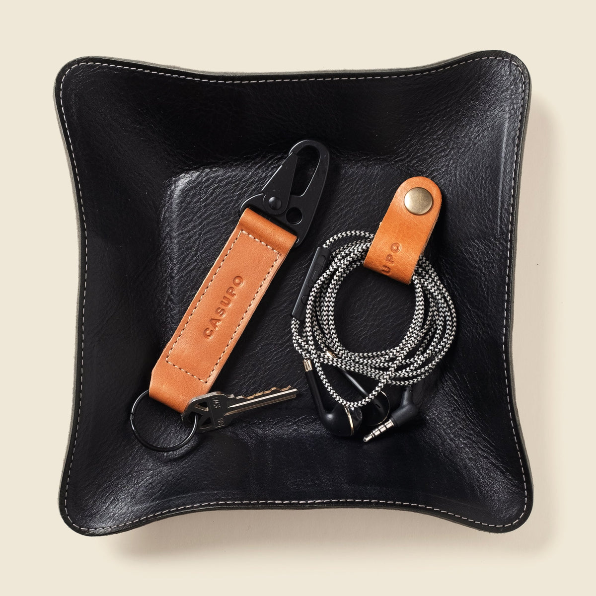 CASUPO Black Leather Travel Valet Tray, Full Grain, Personalizable